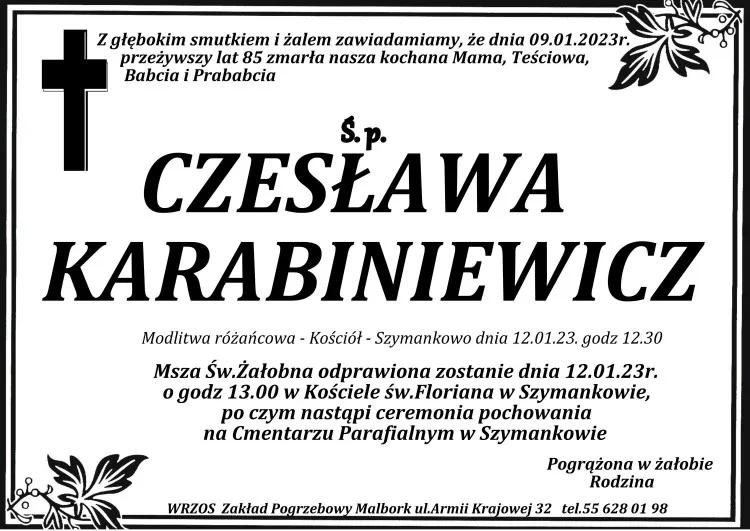 Zmarła Czesława Karabiniewicz. Miała 85 lat.