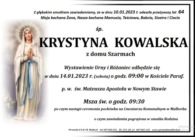 Zmarła Krystyna Kowalska. Miała 64 lata.