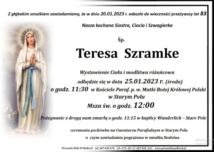 Zmarła Teresa Szramke. Żyła 83 lata.