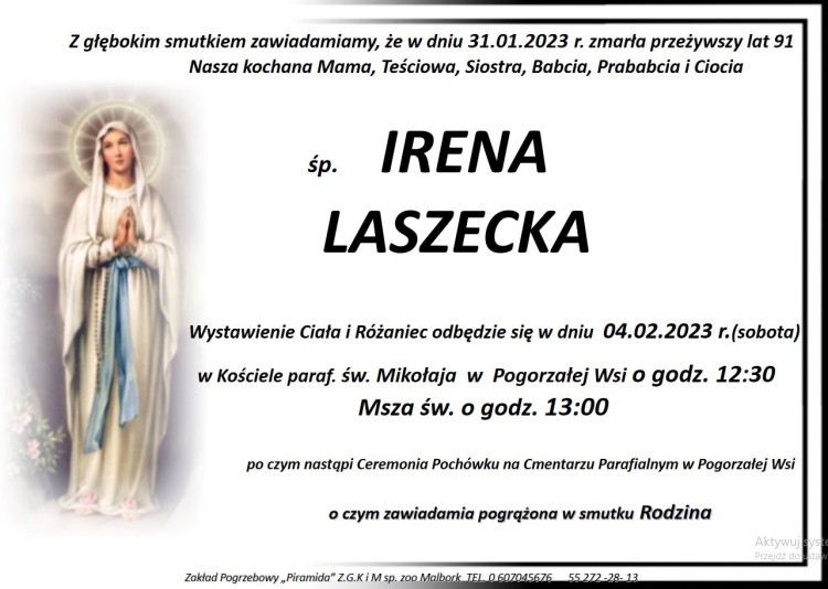 Zmarła Irena Laszecka. Żyła 91 lat.