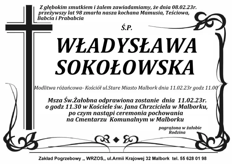 Zmarła Władysława Sokołowska. Żyła 98 lat.