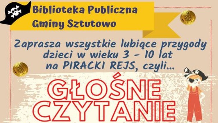 Sztutowo. Zdobądź skarb Kapitana Haka – Biblioteka Publiczna zaprasza dzieci do udziału w pirackiej przygodzie.