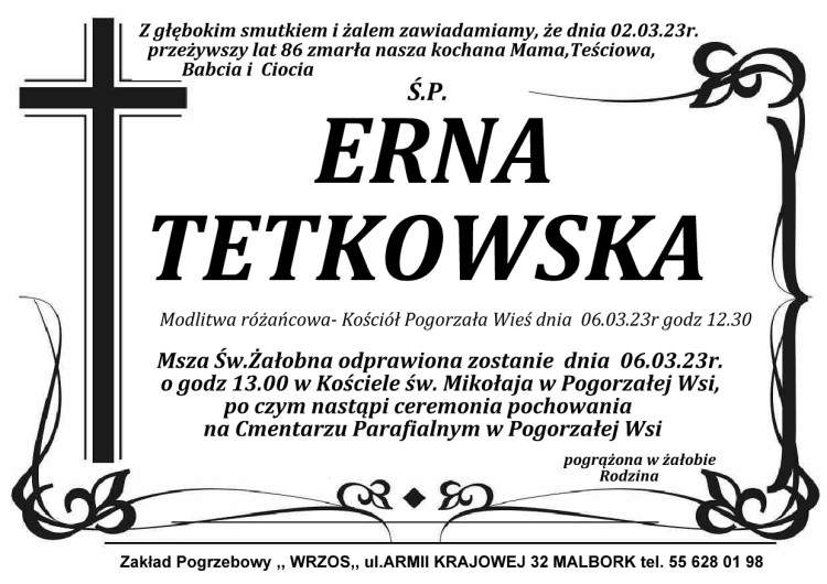 Zmarła Erna Tetkowska. Miała 86 lat.