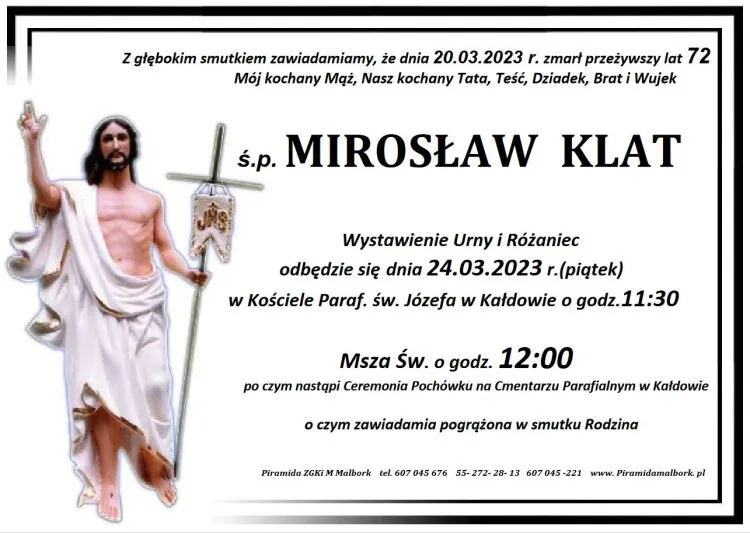 Zmarł Mirosław Klat. Żył 72 lata.