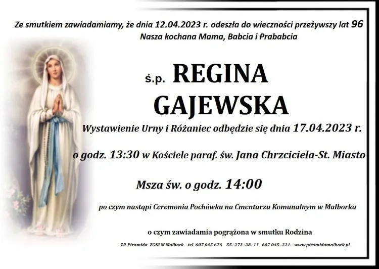 Zmarła Regina Gajewska. Żyła 96 lat.