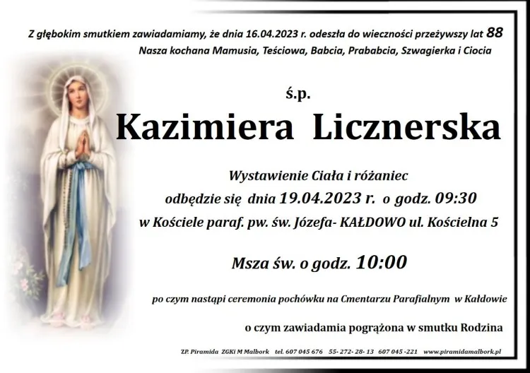 Zmarła Kazimiera Licznerska. Żyła 88 lat.