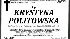 Zmarła Krystyna Politowska. Żyła 87 lat.