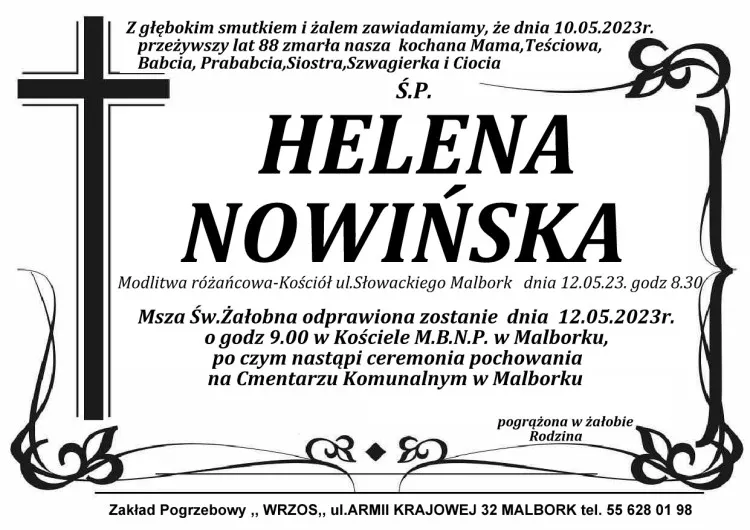 Zmarła Helena Nowińska. Żyła 88 lat.