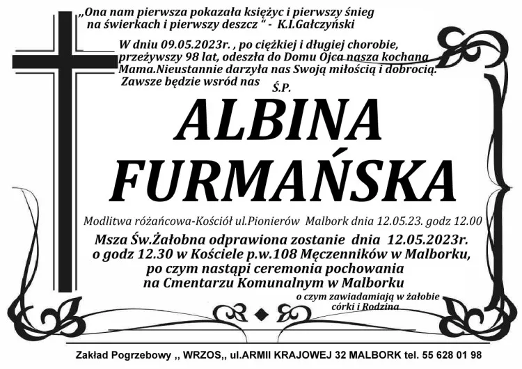 Zmarła Albina Furmańska. Miała 98 lat.