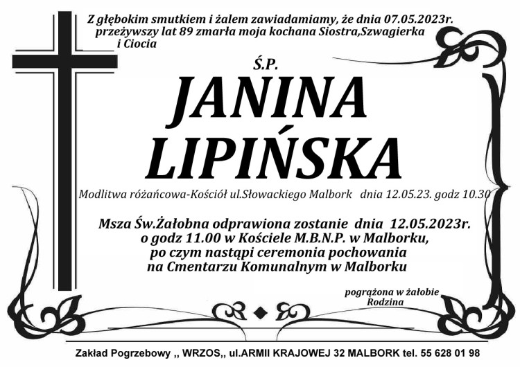 Zmarła Janina Lipińska. Miała 89 lat.