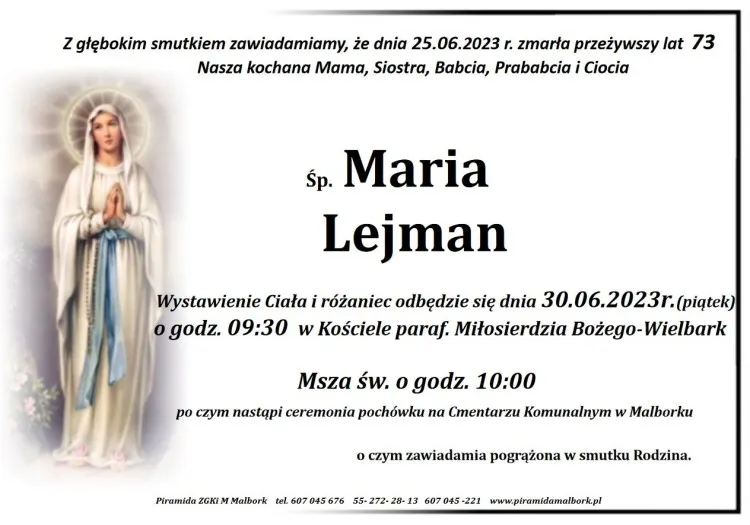 Zmarła Maria Lejman. Miała 73 lata.