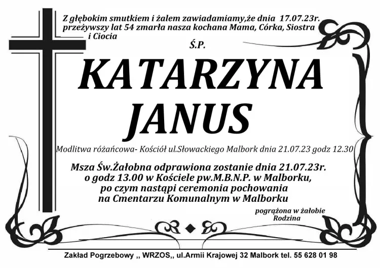 Zmarła Katarzyna Janus. Żyła 54 lata.