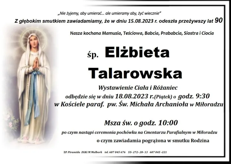 Zmarła Elżbieta Talarowska. Miała 90 lat.