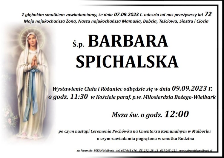 Zmarła Barbara Spichalska. Miała 72 lata.