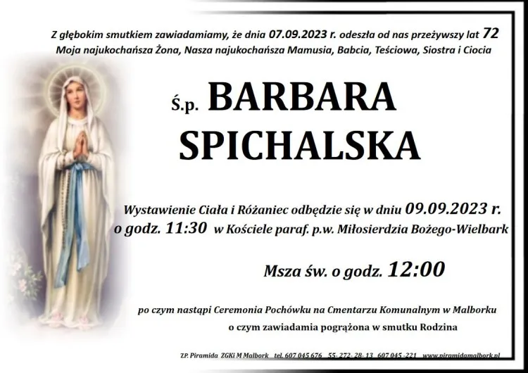 Zmarła Barbara Spichalska. Miała 72 lata.