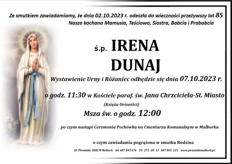 Zmarła Irena Dunaj. Żyła 85 lat.