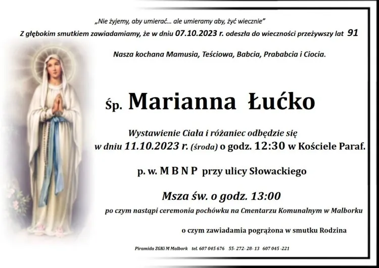 Zmarła Marianna Łućko. Żyła 91 lat.