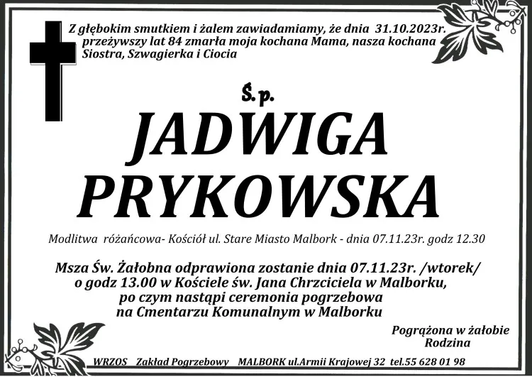 Odeszła Jadwiga Prykowska. Żyła 84 lata.