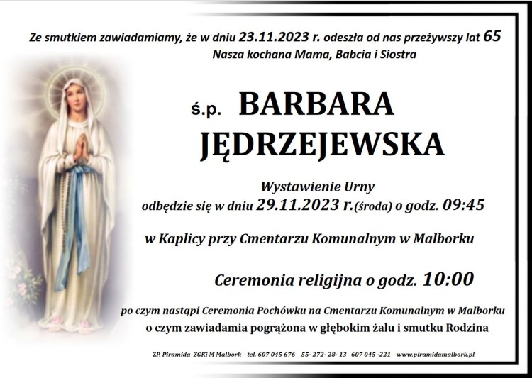 Zmarła Barbara Jędrzejewska. Miała 65 lat.