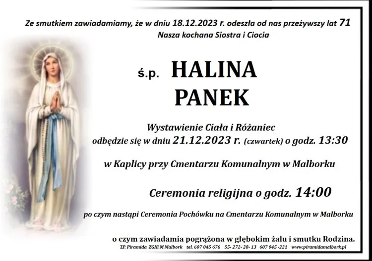 Zmarła Halina Panek. Żyła 71 lat.