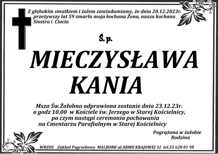 Zmarła Mieczysława Kania. Miała 59 lat.