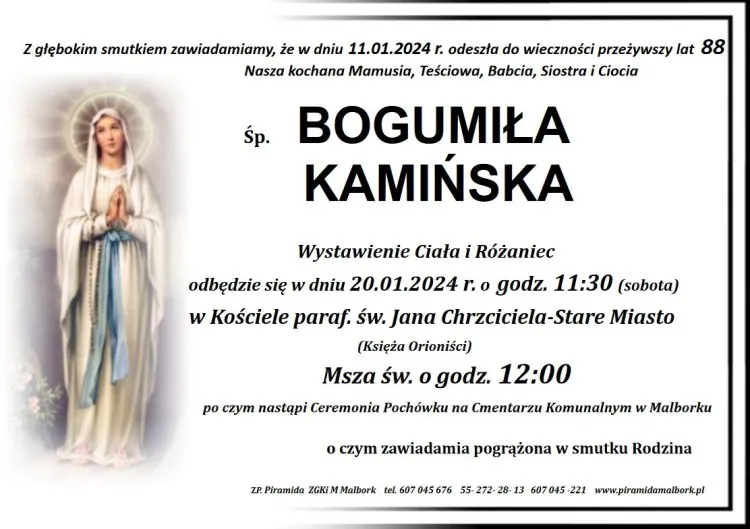 Zmarła Bogumiła Kamińska. Żyła 88 lat.