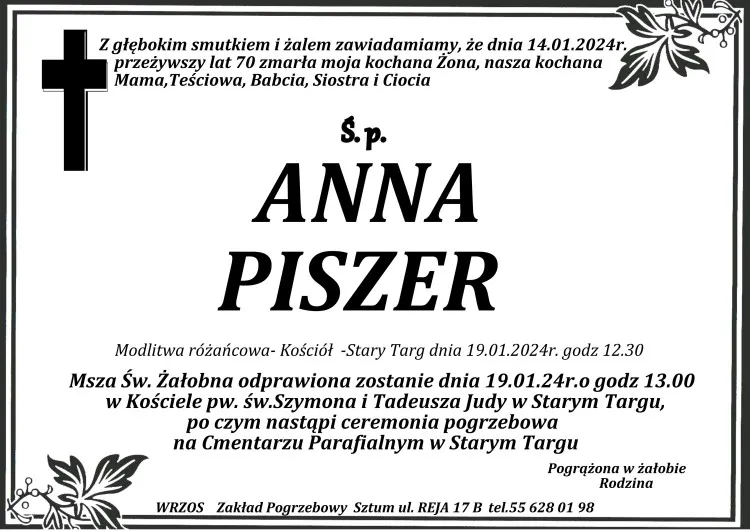 Odeszła Anna Piszer. Żyła 70 lat.