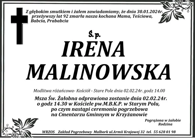 Zmarła Irena Malinowska. Miała 92 lata.