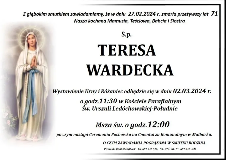 Zmarła Teresa Wardecka. Żyła 71 lat.
