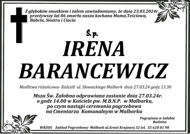 Zmarła Irena Barancewicz. Żyła 86 lat.