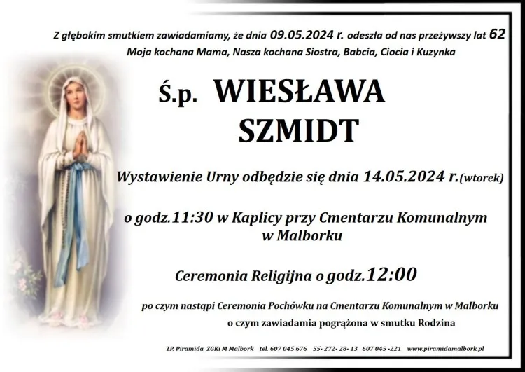 Zmarła Wiesława Szmidt. Miała 62 lata.