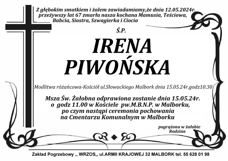 Zmarła Irena Piwońska. Żyła 67 lat.
