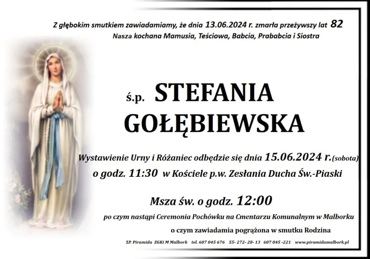 Zmarła Stefania Gołębiewska. Miała 82 lata.