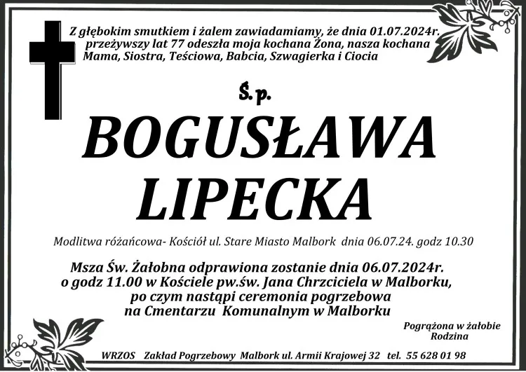 Zmarła Bogusława Lipecka. Miała 77 lat.