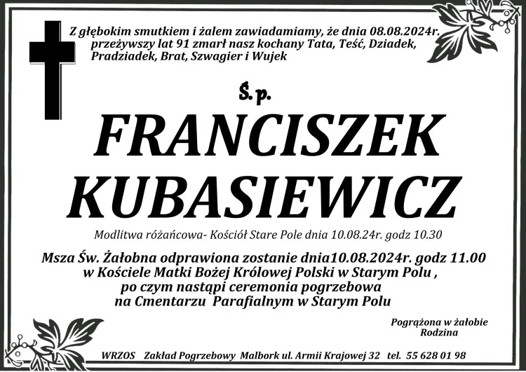 Zmarł Franciszek Kubasiewicz. Żył 91 lat.