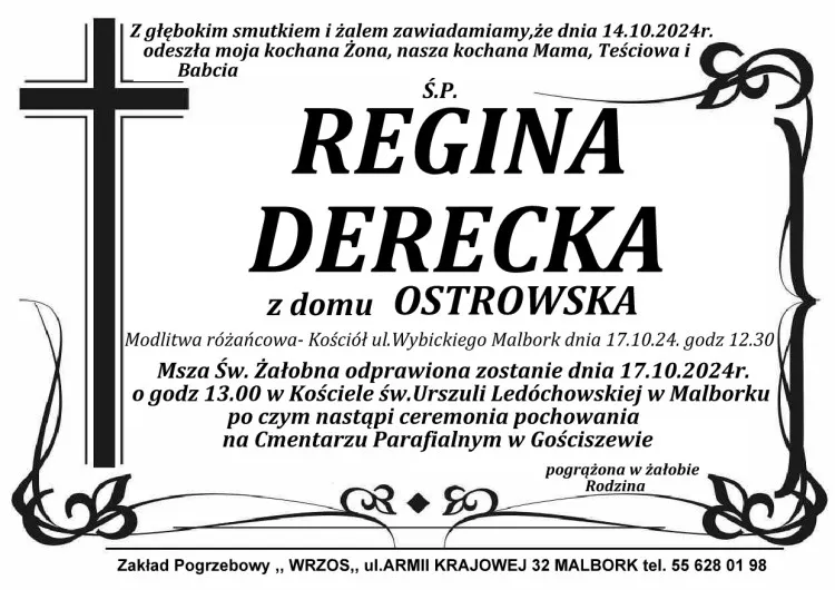 Zmarła Regina Derecka z domu Ostrowska.