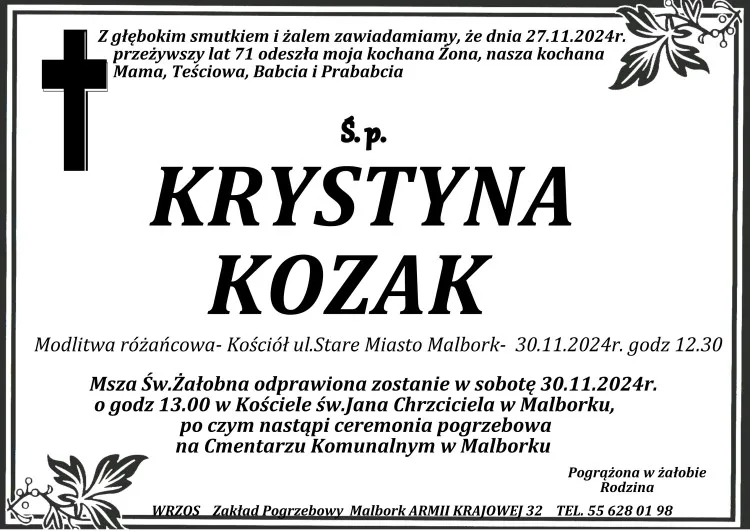 Zmarła Krystyna Kozak. Miała 71 lat.