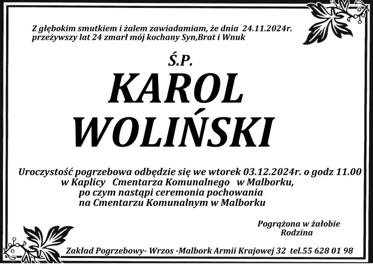 Odszedł Karol Woliński. Żył 24 lata.