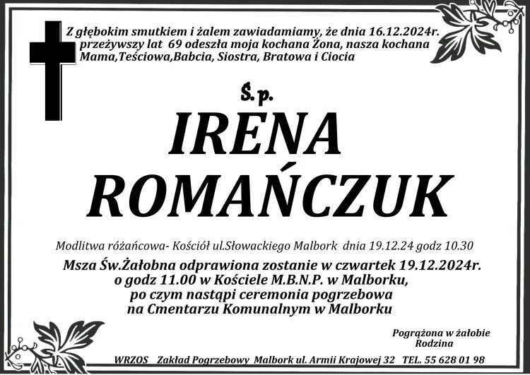 Zmarła Irena Romańczuk. Miała 69 lat.