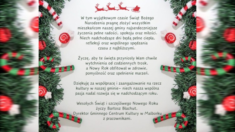 Świąteczno-noworoczne życzenia Dyrektora Gminnego Centrum Kultury w Malborku.