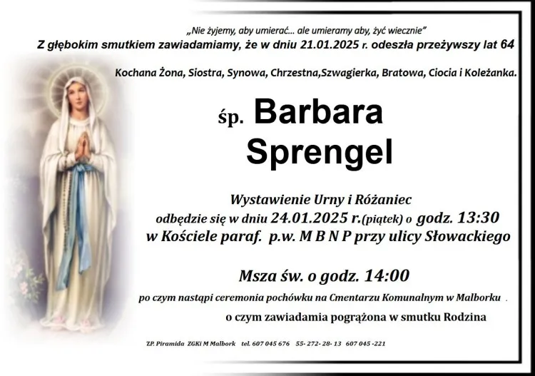 Zmarła Barbara Sprengel. Miała 64 lata.