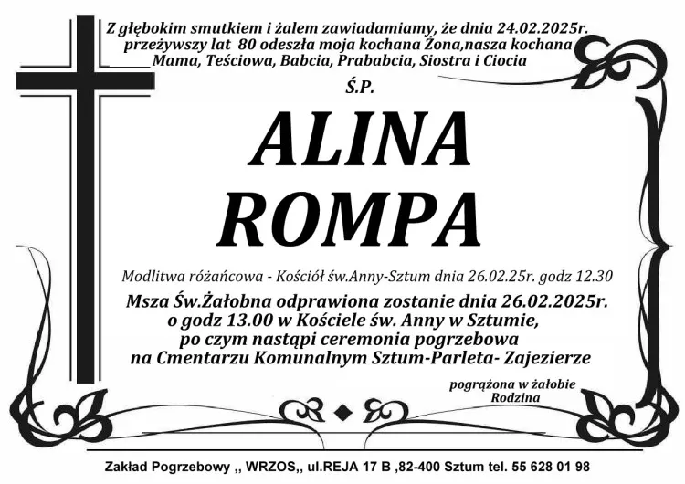 Zmarła Alina Rompa. Miała 80 lat.