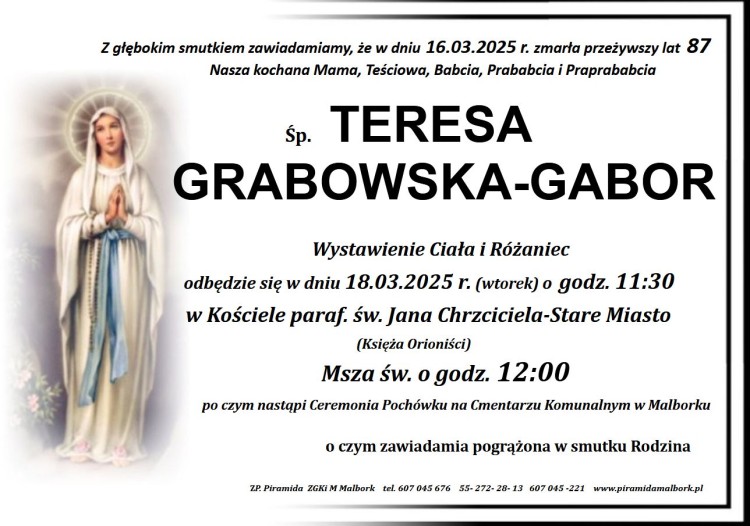 Zmarła Teresa Grabowska-Gabor. Miała 87 lat.