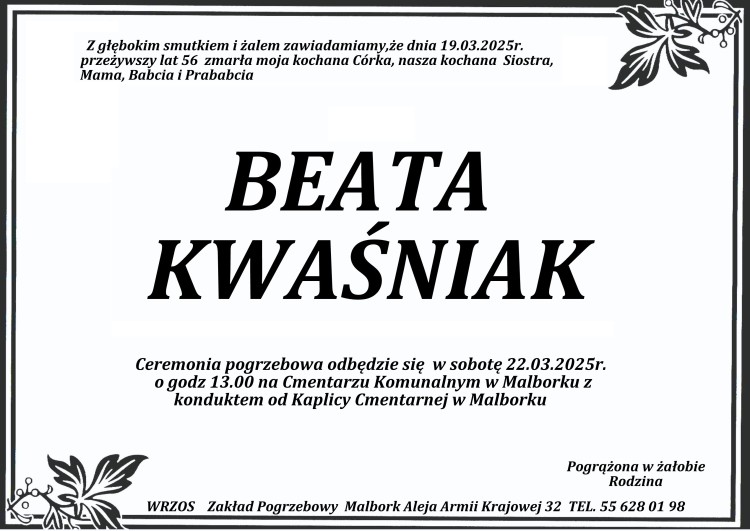 Zmarła Beata Kwaśniak. Miała 56 lat.