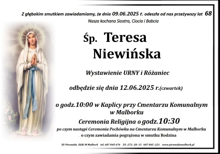 Zmarła Teresa Niewińska. Żyła 68 lat.