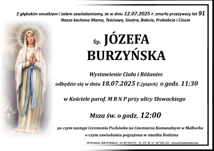 Zmarła Józefa Burzyńska. Miała 91 lat.