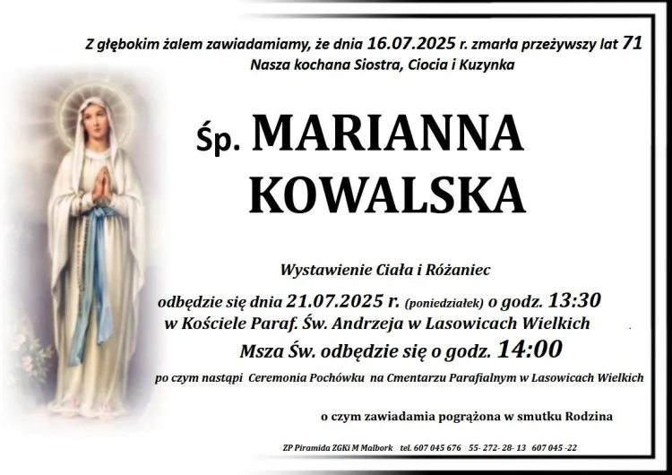 Zmarła Marianna Kowalska. Żyła 71 lat.
