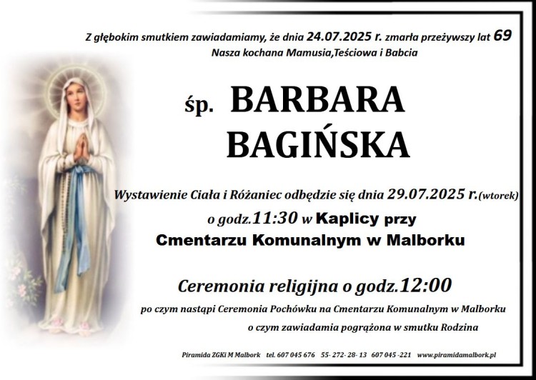 Zmarła Barbara Bagińska. Miała 69 lat.