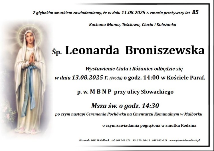 Zmarła Leonarda Broniszewska. Miała 85 lat.