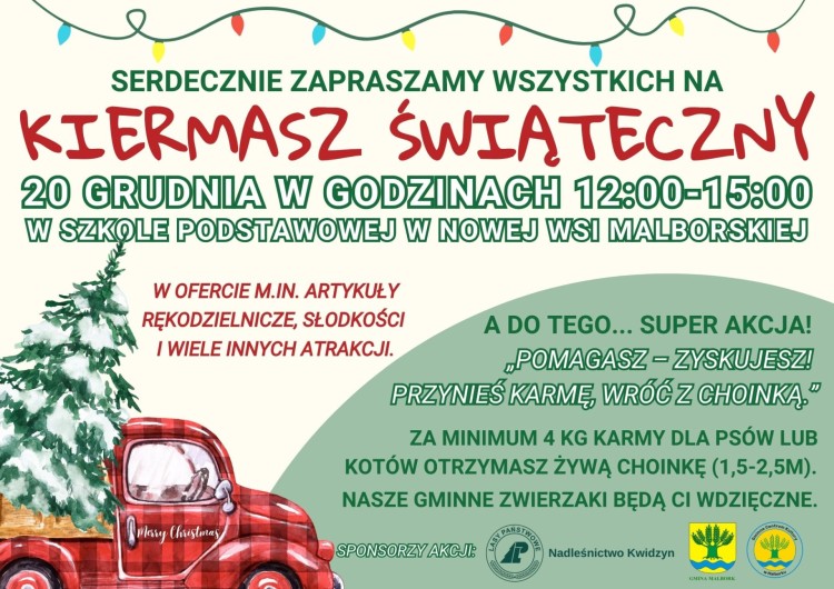 Świąteczny Kiermasz w Nowej Wsi Malborskiej – pomagaj i zabierz choinkę.